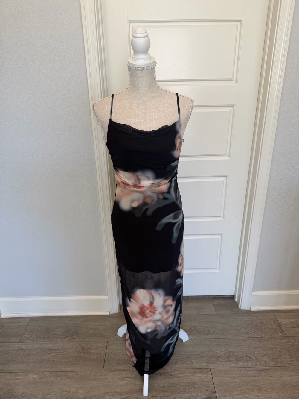 Persaya Black Floral Midi Slip Dress with Spaghetti Straps